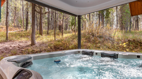 A hot tub surrounded by trees and nature, with a serene forest view in the background.